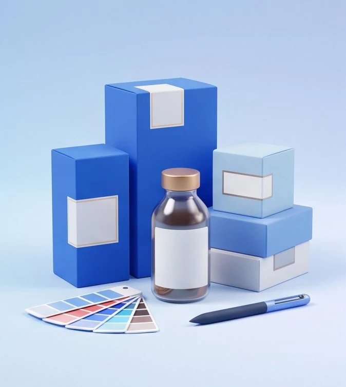 블루 패키지 박스와 병, 컬러칩과 펜을 표현한 3D 일러스트
